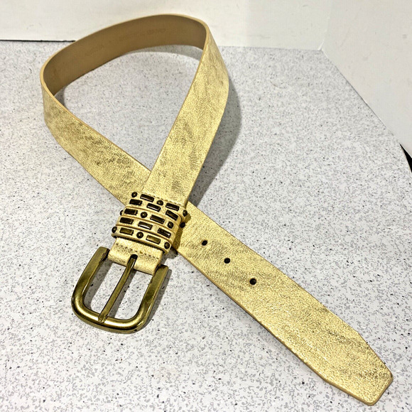 Calvin Klein Jeans Belt Size S Cream Leather Burnished Gold Metallic Buckle 90s - Picture 2 of 8